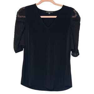 Adriana Papell Sheer Black Embroidered Puffed Sleeves Blouse Size Small